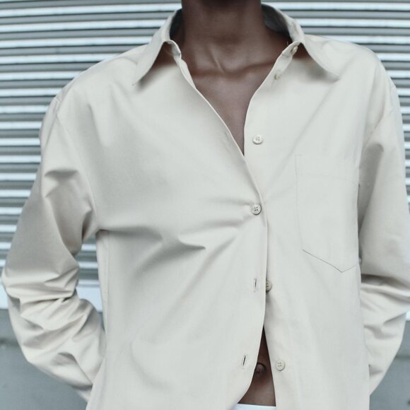 Zara NWT Satin Effect Twill Shirt 100% Cotton Long Sleeves Collared Beige Sz M - Picture 2 of 8